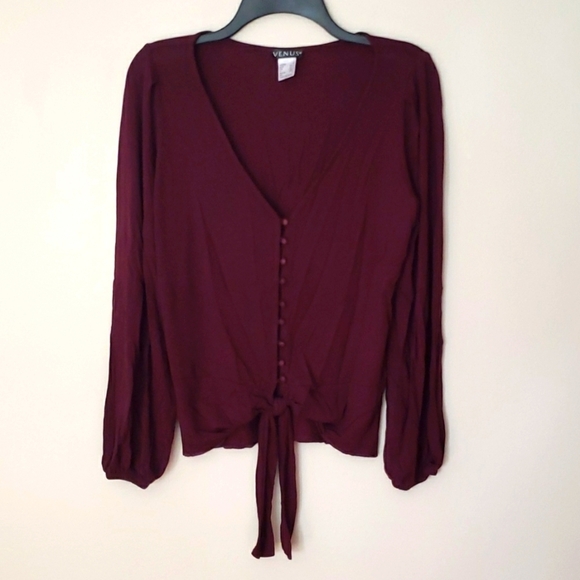 Venus V-neck covered button & tie front long sleeve boho top, purply red, Sz Med - Picture 1 of 7